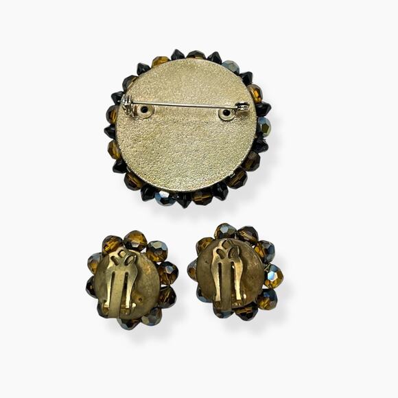 Vintage Brooch And Cluster Clip Earrings Brown AB Rhinestones Beads Gold Tone - Picture 2 of 13
